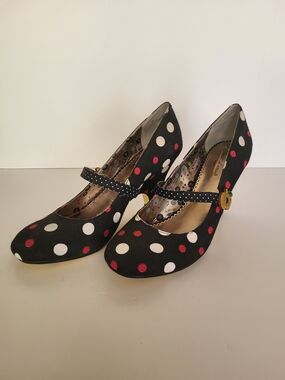 Poetic License Black Polka Dot Mary Jane Heels with Red & White Dots
